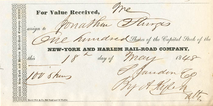 New York and Harlem Rail-Road Co. Stock Transfer - Railway Stock Certificate